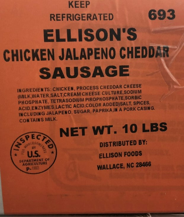 10 lb Fresh Jalapeno Cheddar Chicken Sausage ( Hampstead 6/28/25 )